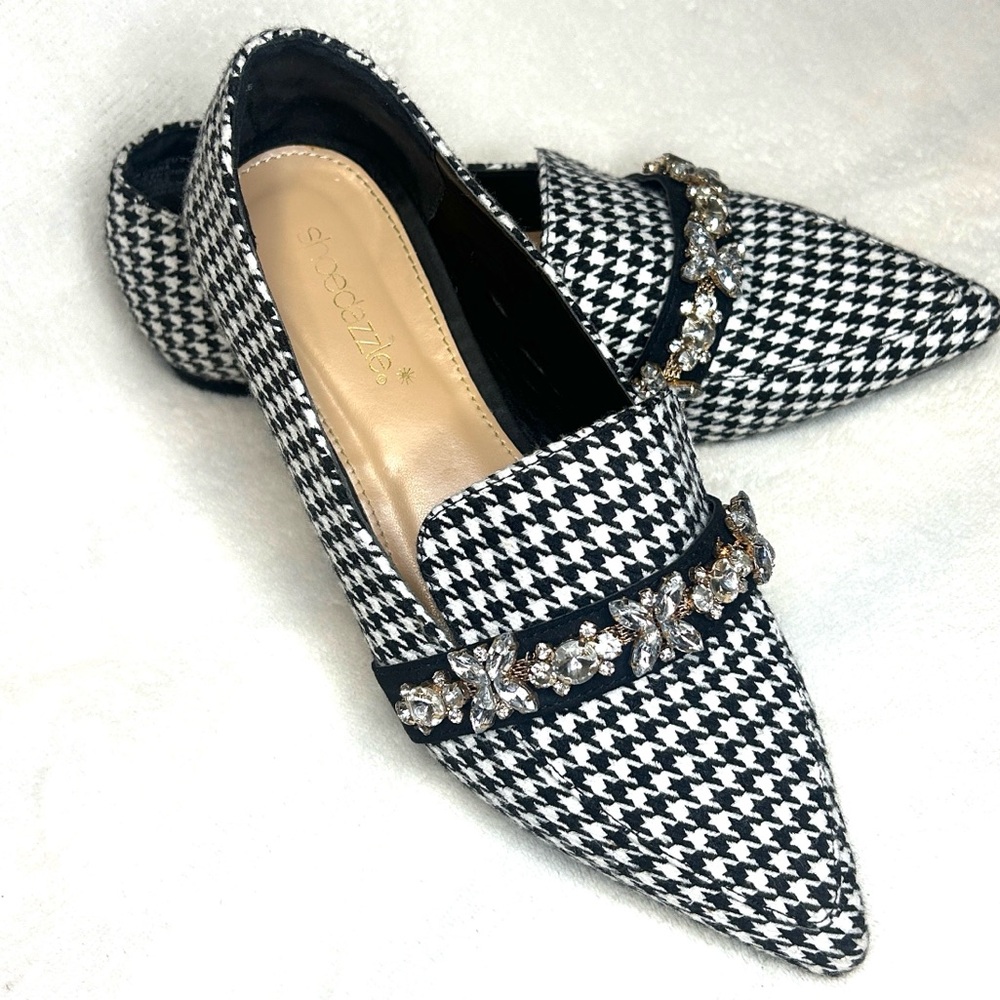 Shoe Dazzle Michelle Houndstooth Flat Loafers Black White Women 6.5